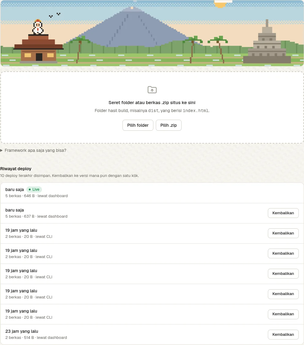Panel deploy Utus: kotak seret folder atau .zip, lalu riwayat deploy dengan tombol Kembalikan